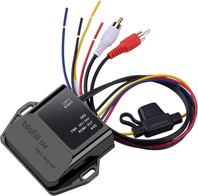 CAR Bluetooth Receiver with RCA Output for Car, Truck & Marine | Bluetooth 5.2, aptX Adaptive HD, 12V 24V compatible, ACC wire required, audio activated remote output, no micphone