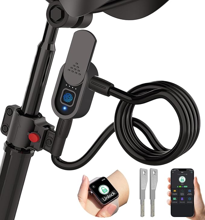 Anweller Fingerprint Bike Lock with Key, Heavy Duty Anti-Theft Weatherproof Keyless Bluetooth App Biometric Smart Cable Lock for Bicycle Scooter Accessories Outdoor Fence Gate Snowboard Ski