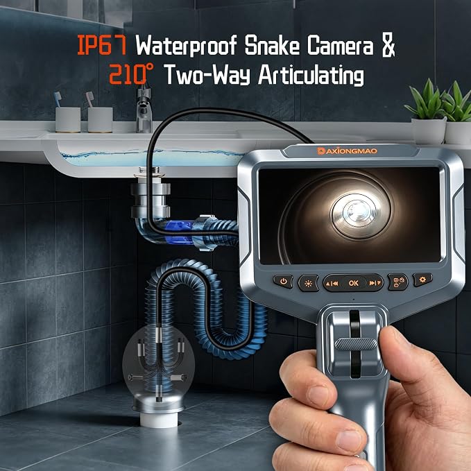 Daxiongmao 2-Way Articulating Borescope, 4.5" IPS 1080P HD Endoscope with LED Lights, IP67 Waterproof Snake Inspection Camera, 5FT Probe for Auto Engine, HVAC Duct, Plumbing Pipe Wall Inspection
