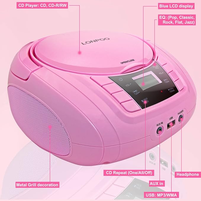 LONPOO Portable Boombox - CD Player, Bluetooth, USB, MP3, AUX, FM Radio, Portable, Built-in Stereo Speakers, Carrying Handle, LCD Display, Pink