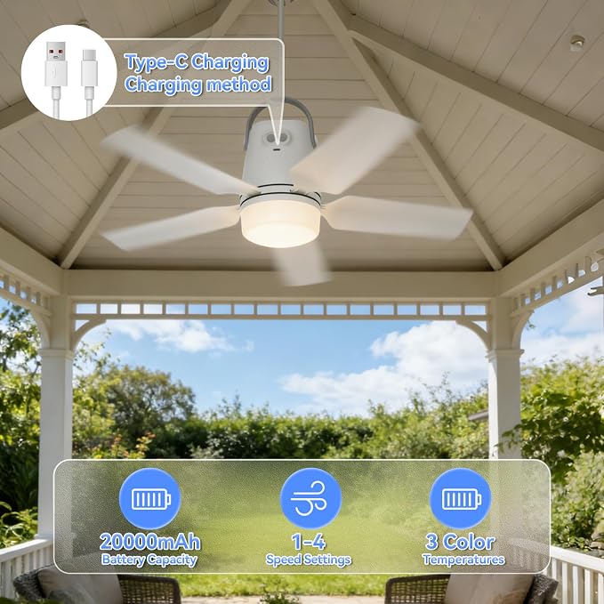 Portable Camping Fan Light, 20” 20000mAh Rechargeable Ceiling Fan with Light & Remote for Outside, Gazebo, Greenhouse, Patio, Chicken Coop, Canopy, Shed, RV, Tent - White, 4 Speed Breeze & Timer
