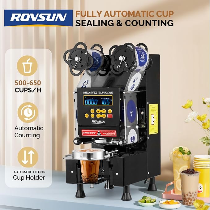 OlymStore Cup Sealing Machine, Cup Sealer Machine Full Automatic, Electric Cup Sealing Machine 500-600 Cups/H, Bubble Tea Machine with Digital Control LCD Panel for Bubble Milk Tea Coffee Black