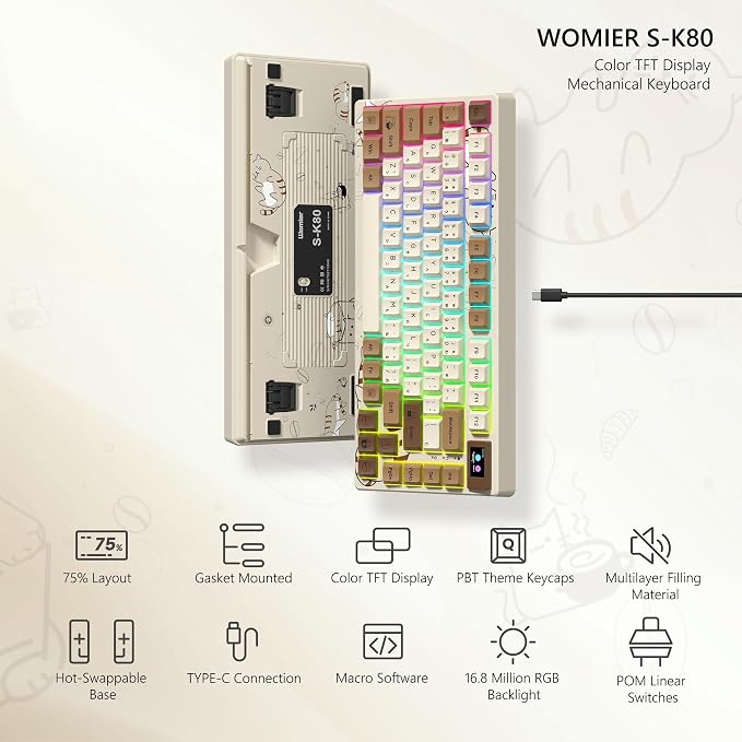 Womier SK80 Retro 75% Keyboard with Color Multimedia Display Mechanical Gaming Keyboard, Hot Swappable Gasket Mount RGB Custom Key Board, Pre-lubed Stabilizer for Mac/Win,Coffee Cat