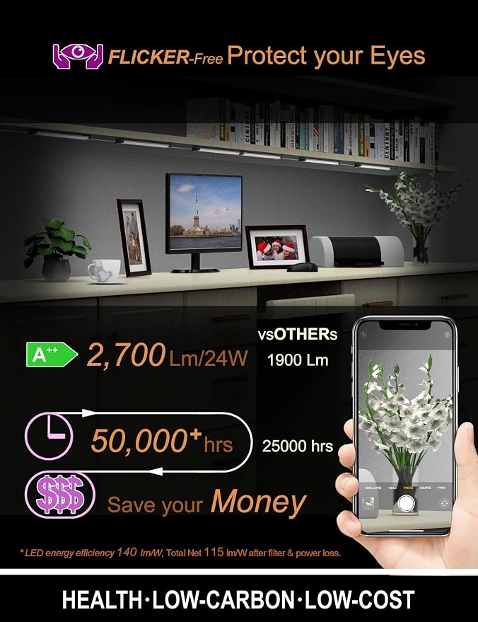 EBD Under Cabinet Lights Plug in or Hardwired, 6 Pcs 12 Inch No Messy Wires Built-in Adjustable Cable LED Light Bar 3000K 2700Lm 5 Cables Y Splitter Neat Counter Lighting for Kitchen Shelf Home Office