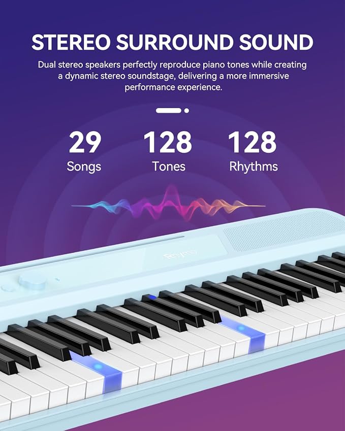 Rhymo 61 Keys Lighted Smart Piano Keyboard for Beginners, Velocity Sensitive Light Up Keys, Digital Electric Piano with APP Learning