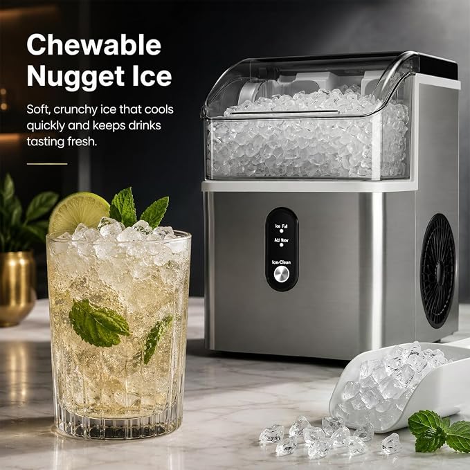 Kismile Nugget Ice Maker Countertop,33Lbs/24H Ice Machine with Chewable Ice,Self-Cleaning Portable Ice Maker with One-Click Operation,for Home/Kitchen/Office(Silver)