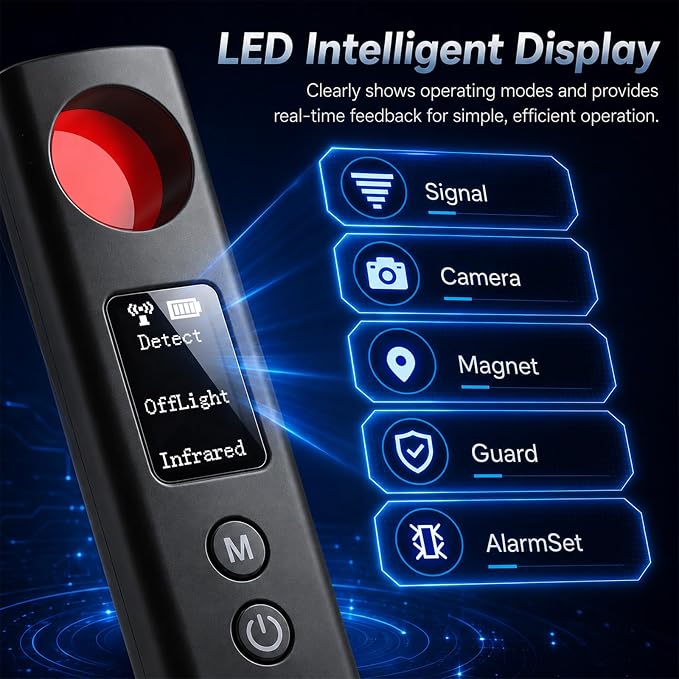 Hidden Camera Detector, 6-in-1 Anti-Spy Camera Finder w/LED Screen, GPS Tracker & Bug Sweeper Detector, Portable RF Signal Scanner, Privacy Protection for Travel, Office, Hotel, Car (Black)