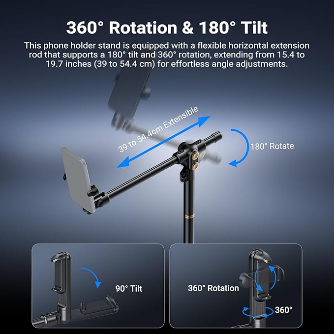 NEEWER Basics Overhead Phone Mount Holder Stand, Metal Desk Tripod Camera Rig Compatible with iPhone Android Samsung for Cooking Makeup Drawing Vlogging Live Streaming Filming Video Recording, ST013