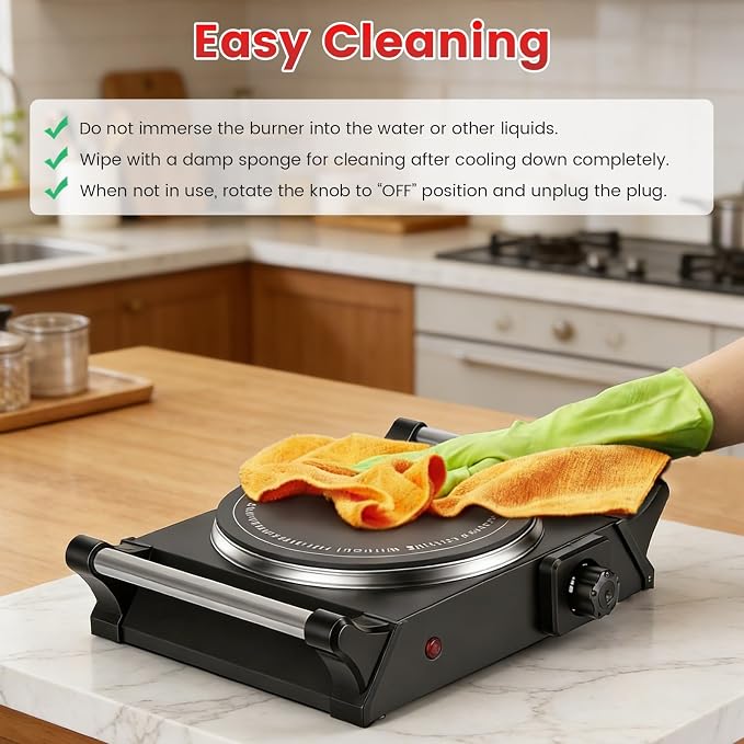 Electric Burner, Electric Hot Plate for Cooking Portable Cooking Stove, Countertop Burner Cooktop for Kitchen, Dorm, Temperature Control, Easy to Clean, Black