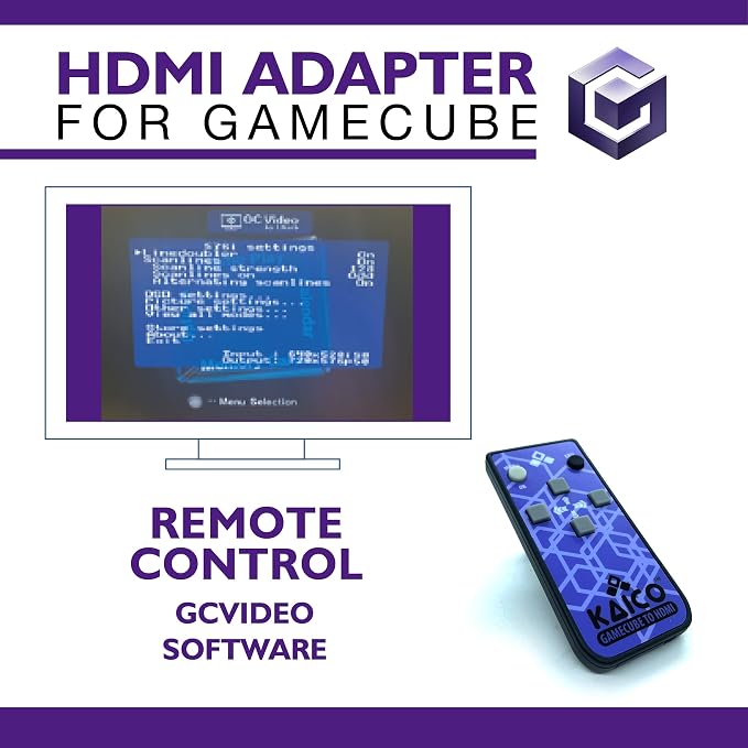 Kaico Gamecube HDMI Adapter for Nintendo Gamecube DOL-001 with GCVideo | Uses GCVideo with 2x line doubling, scanline options, pure digital output, remote control, and no external power