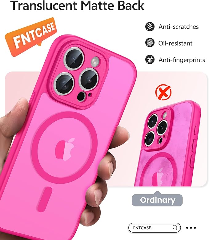 FNTCASE for iPhone 15 Pro Case: [Compatible with Magsafe] Translucent Matte Cases with [Full Camera Protection] [Screen Protector] Military Grade Shockproof Protective Phone Cover - Hot Pink