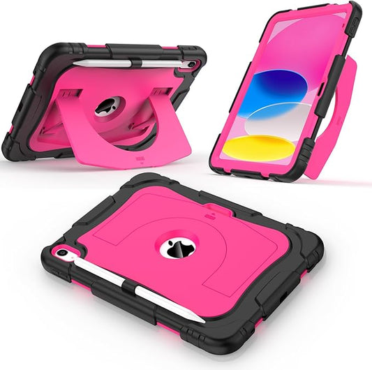 CCMAO Case for iPad 11-inch (A16) 2025/ iPad 10th Generation 2022 (10.9 Inch) with Durable Kickstand, Pencil Holder, Hybrid Heavy Duty Shockproof Protective Case for iPad 11/10 Gen, Black+Pink