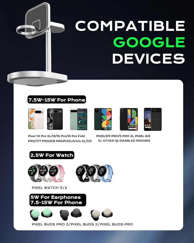 KU XIU X85G 3 in 1 Magnetic Charging Station for Google Pixel 10/10 Pro XL‌,Pixel 9/Pro, Pixel Watch 2/3,Pixel Buds Pro/2, 3-Point Power Aluminum Alloy 15W Fast Wireless Charger Stand with 30W Adapter