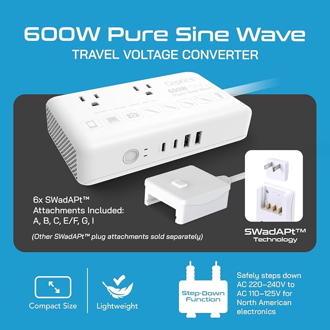 Ceptics 600W Pure Sine Wave 220v to 110v Converter, Step Down Voltage Converter us to Europe, 6 Plug attachments and 4 USB Ports (35W max), Perfect for Hair dryers, Straighteners and Curling Irons