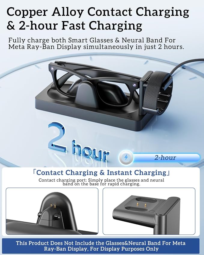 Charging Dock for Meta RayBan Display&Neural Band Smart Glasses Accessories | 3-in-1 Dock, One-stop Charging. Smart chip + Fast charging. Dual-Color LED Status. Contact Charging. Drop & Charge