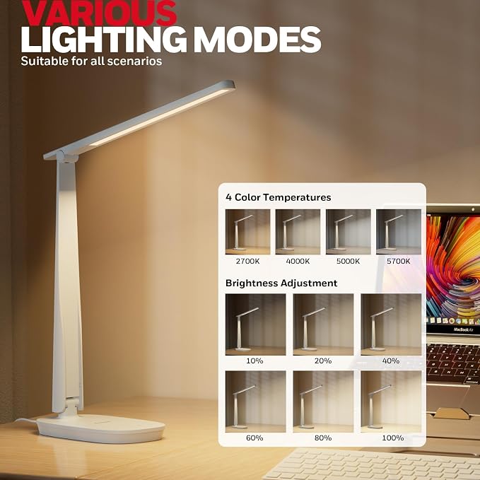 Honeywell HWT-H2 LED Desk Lamp for Home Office, CRI94 Full Spectrum Eye-Caring Light, Dimmable Table Lamp with USB-A & USB-C Charging Ports, Foldable Touch Control Reading Lamp, White