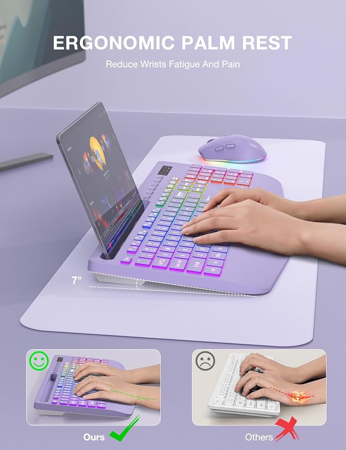 SABLUTE Wireless Keyboard and Mouse Combo, 9 Backlit Effects, Wrist Rest, Phone Holder, 2.4G Lag-Free Ergonomic Keyboards, KM22 MAX Rechargeable Silent Set for Computer, Laptop, Mac, Windows（Purple）