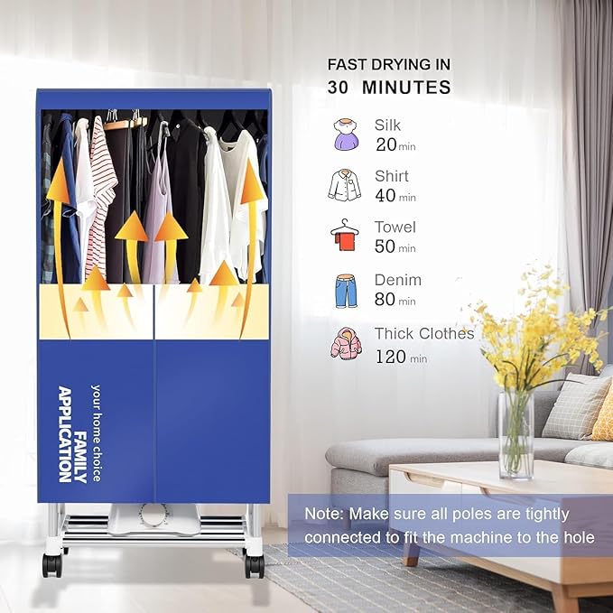 Clothes Dryer, Portable Drying Machine with Timer, 60inch Laundry Drying Wardrobe with Large Capacity, Electric Dryer/Rack for Home | Appartments (Blue UE5)