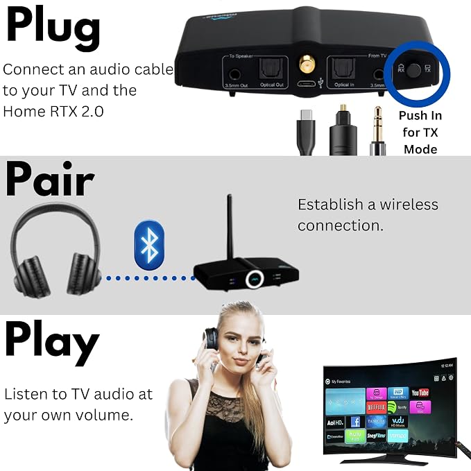 Long Range Bluetooth Transmitter or Receiver, Audio Only for TV PC Stereo, Connect Speaker, Headphones, Phone, aptX Low Latency Wireless Adapter, Listen in HD No Delay Optical RCA 3.5mm (Home RTX 2.0)