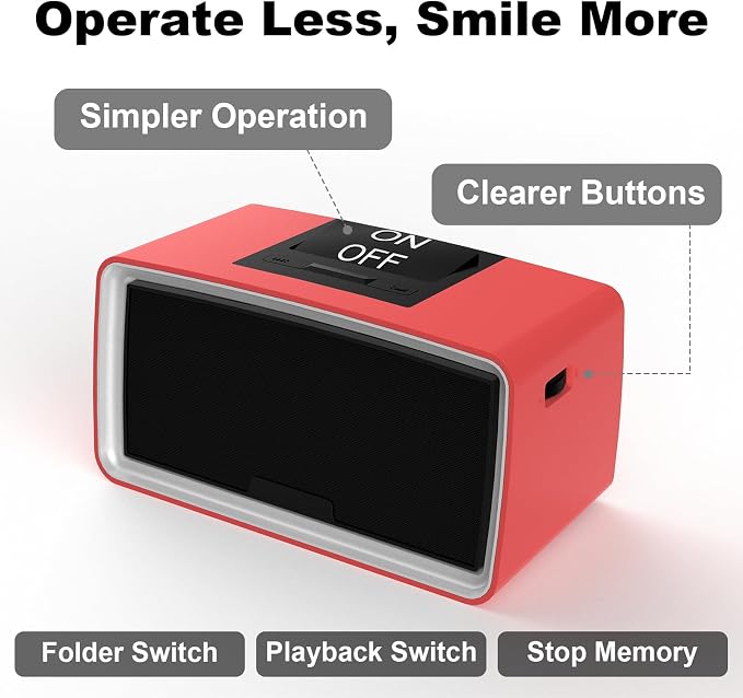 Simple Music Player for Elderly, Easy Audiobook Player with 32GB TF Card & Card Reader for Dementia, Alzheimers, Visually Impaired, Low Vision Patients, Wired - Red