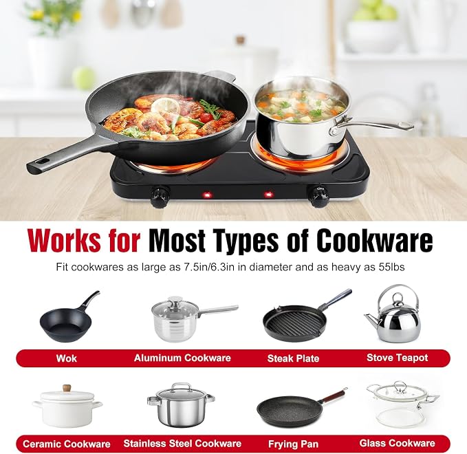 2000W Electric Hot Plate,Portable Electric Stove Countertop Double Coil Burners W/Dual Control&5 Level Temperature Control, Easy to Clean,Lightweight Cast Iron Countertop Stove for Home Camp RV 110V