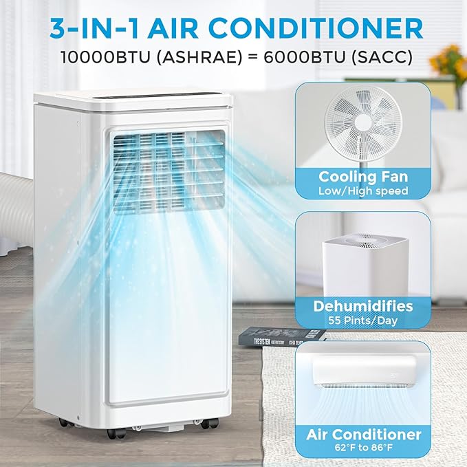 Electactic 10000 BTUs Portable Air Conditioners for Room up to 450 Sq. Ft, Air Conditioners Portable with Cool/Fan/Dry/Sleep Mode, 24H Timer, Remote Control, Window Kit