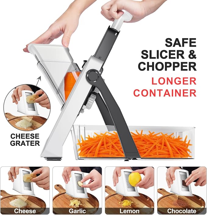 QYKIC Upgrade Safe Mandoline Slicer for Kitchen, Vegetable Chopper Slicer, Potato Slicer Thickness Adjuster, Veggie Onion Dicer for Quick Meal Prep (8 in 1 Gray)