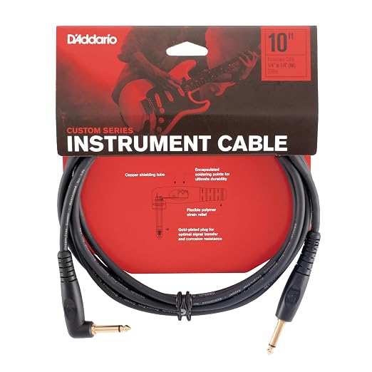D'Addario Guitar Cable - Guitar Lead - Shielded Ends - 1/4 Inch Male to 1/4 Inch Male - Custom Series - 10 Feet/3.05 Meters - Straight End/Right Angle - 1 Pack