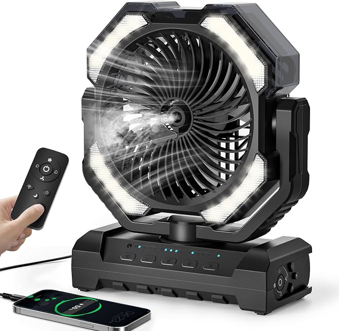 20000mAh Portable Misting Fan, USB Rechargeable Camping Fan with LED Light, Battery Operated for Outdoor, Tents, Beach, Travel - 250mL Water Tank & Hook Included, Black.