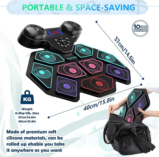 Electronic Drum Set - YUOIOYU Electric Drum Set Roll Up Portable Drum Kit MIDI Practice Drum Pad with Dual Built-in Speaker, Drum Sticks and Pedals, Christmas Birthday Gift for Kids Adult