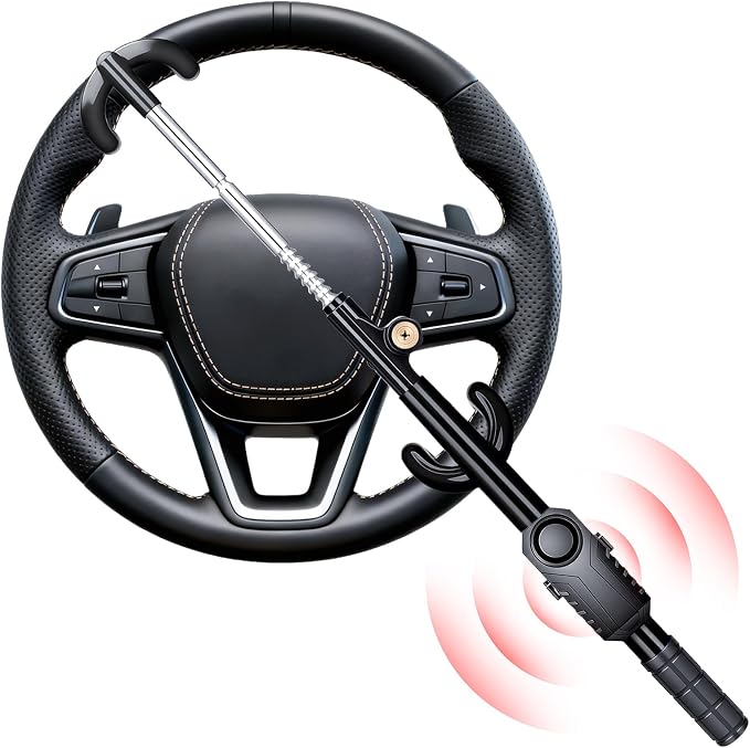 ELECTOP Black Steering Wheel Lock with 113dB Car Alarm Anti-Theft Device Double Hook Car Lock with Adjustable Locking & 2 Keys, Car Alarm System with Motion Sensor for Vehicle Truck Van SUV