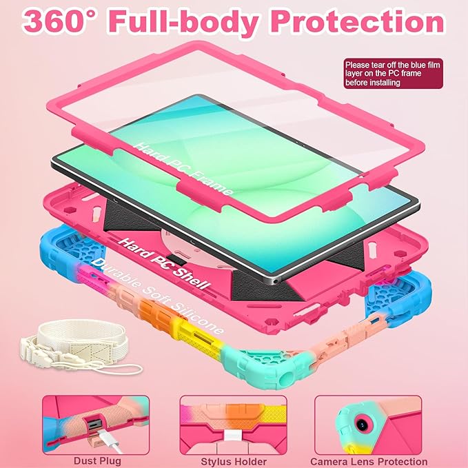 WESOROL Case for Galaxy Tab A11 Plus/A9 Plus 11 Inch,Shockproof Cover for Samsung Tablet A11+/A9+ Case with Screen Protector 360 Rotating Stand Pencil Holder Shoulder Strap,Colorful Pink
