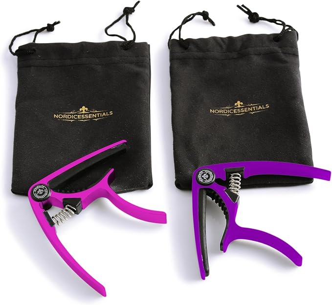 Guitar Capo (2 Pack) for Acoustic Guitars, Ukulele, Banjo, Mandolin, Bass - Made of Ultra Lightweight Aluminum Metal (1.2 oz!) for 6 & 12 String Instruments - Nordic Essentials (Pink+Purple)