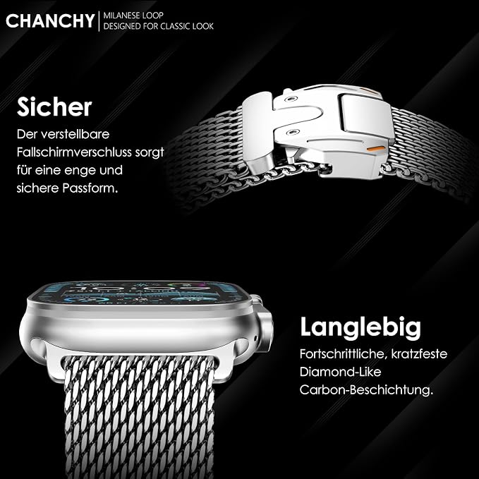 FULLIFE Milanese Mesh Loop for Apple Watch Band Apple Watch Ultra 3/2/1 Band 49mm 46mm 45mm 44mm Men Women, Stainless Steel Metal Band Parachute-style Buckle for iWatch Series 11 10 9 8 7 6 SE3 5 4 3
