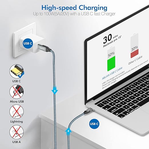 USB C to C Cable 6.6ft，USB 3.2 Gen 2 10Gbps Data Transfer, USB 100W,4K 60Hz USB C Display Cable Compatible with MacBook Pro/Air, iPad Pro, Galaxy S23, Dell XPS, and More