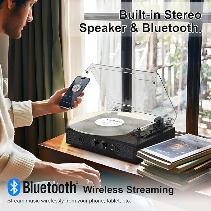 Vinyl Record Player with Built-in Speakers 3-Speed Vintage Record Player Support Treble& Bass Control, 3.5mm Headphone Jack, RCA-Out/Aux in, Belt-Driven LP Turntable,Black Wood