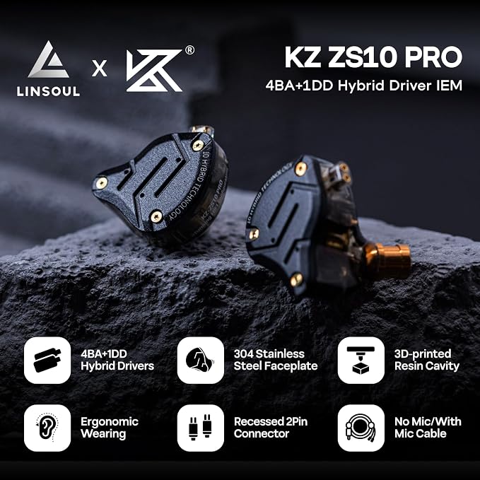 Linsoul KZ ZS10 Pro, 4BA+1DD 5 Driver in Ear Monitor, HiFi Wired Earbuds, Gaming Earbuds, Hybrid IEM Earphones with Stainless Steel Faceplate, Detachable Cable for Musician(Without Mic, Dark Black)