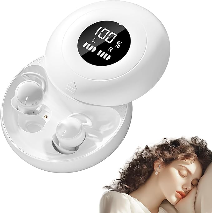 Sleep Earbuds Bluetooth 6.0, Mini Invisible Silicone Sleep Earbuds for Side Sleepers, Noise Blocking Sleeping Headphones, Hidden Earbuds with LED Display for Small Ears, Sleep & Relax - White