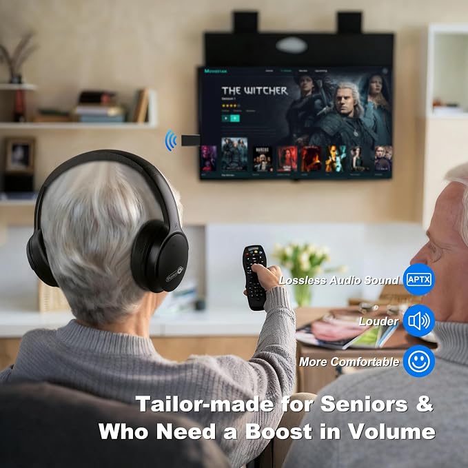 Wireless Headphones for TV, TV Headphones Wireless for Seniors with USB Transmitter,Over Ear TV Headphones, Plug & Play, No Audio Delay, 20+ Hours