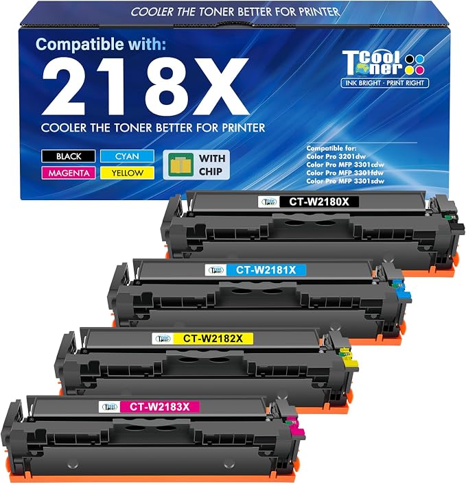 218X Toner Cartridges 4 Pack 218 3301fdw 3201dw 3301 218A Compatible for HP 218X 218A Color LaserJet Pro MFP 3301cdw 3301sdw Printer Ink Set W2180X High Yield with Chip (Black Cyan Yellow Magenta)