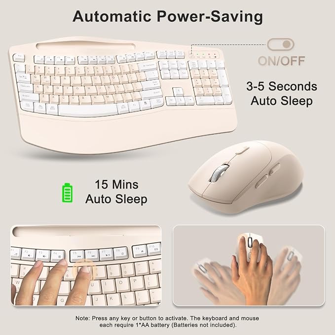Wireless Keyboard and Mouse Combo, 2.4G Full Size Wave Keys Ergonomic Keyboard with Wrist Rest, Phone Holder, 3-Level DPI Wireless Silent Mouse with 6-Buttons, for Windows (Milk Tea-A)