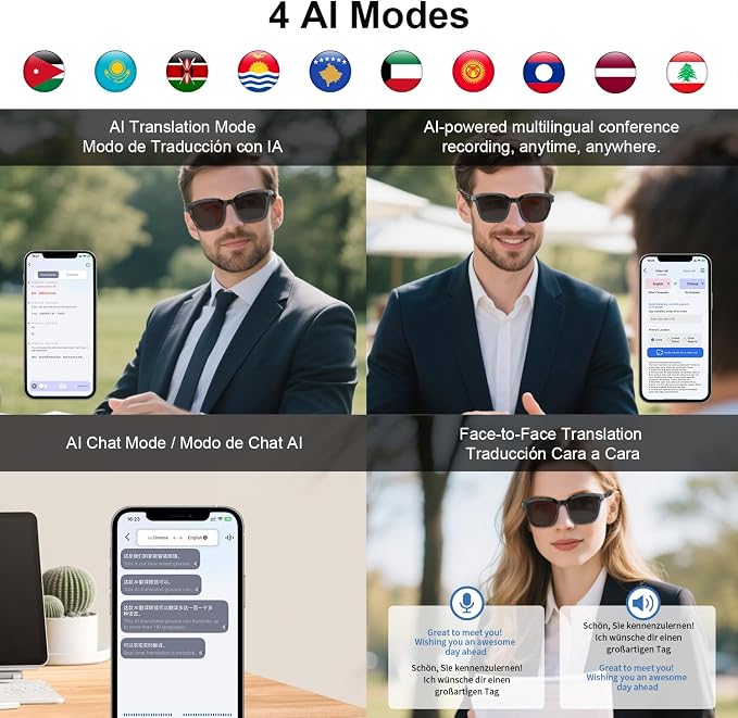 AI Smart Glasses for Men Women- Real-Time Translation (165+ Languages), Noise Cancelling, Open Ear Bluetooth Glasses, Polarized UV400 Smart Sunglasses, Auto On/Off Head Detection - Grey