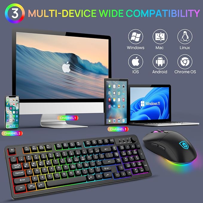 KOLMAX BT98 Wireless Keyboard and Mouse Combo,Triple Mode 2.4G/Wired/Bluetooth Gaming Keyboard and Mouse,Rechargeable Ergonomic RGB Backlit Light Up Keyboard Mouse with Knob for PC/Mac/Tablet