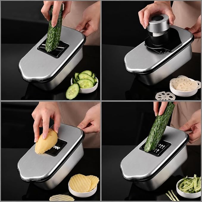 Vegetable Chopper, Stainless Steel Food Dicer Cutter and Mandoline Slicer with Drain Holes and Storage Container, Dishwasher Safe Food Chopper for Onion, Potato, Cucumber, Carrot and More