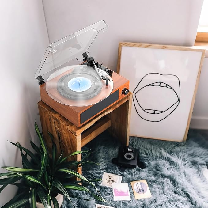 Vinyl Record Player Built-in Stereo Speakers BT Wireless Input Belt Drive Vintage Turntables for Vinyls Records 3 Speed LP Players Turn Tables RCA Line Auto Stop All-in-one Wooden Walnut