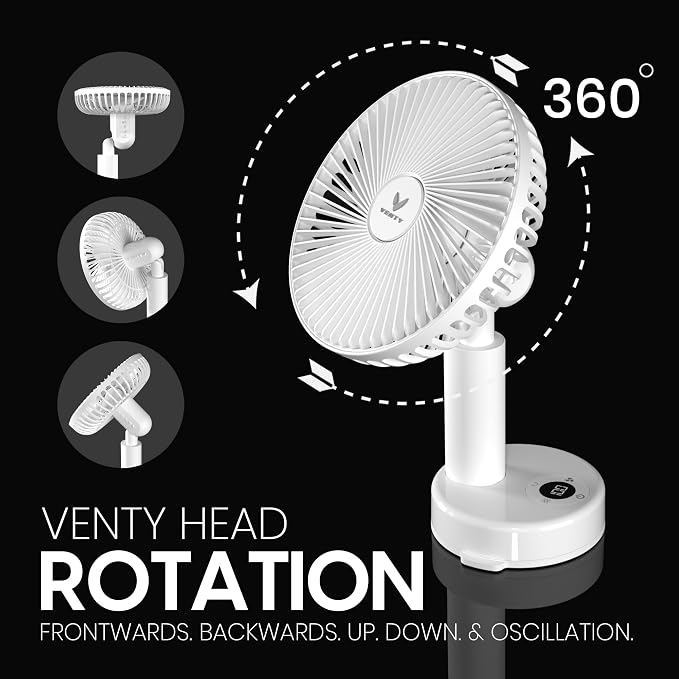 VENTY Portable Clip Fan - Rechargeable 10-Hour Battery Portable Fan - 360° Rotation & 90° Tilt - Stroller Fan, Desk Fan or Bedside Fan - Aromatherapy & LED Light - USB-C Cable & Carrying Pouch