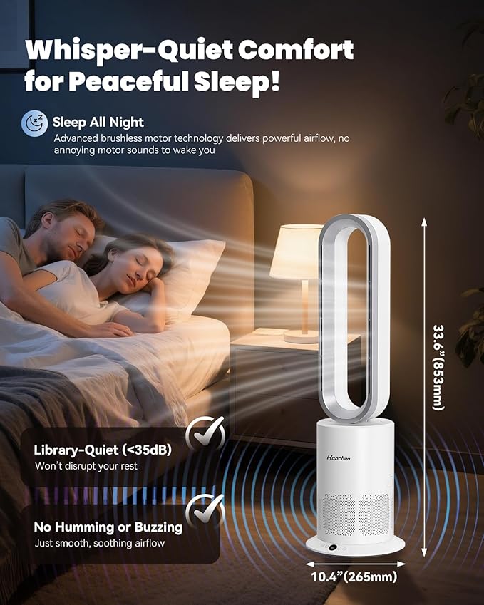 Hanchen Dual-Tech Bladeless Tower HEPA Fan, Ultra-Quiet 3-in-1 Cooling, Heating & Air Purifier | UL Listed PTC Ceramic Fast Heat, Auto Shutoff, Sturdy Base for Home, Office & Bedroom