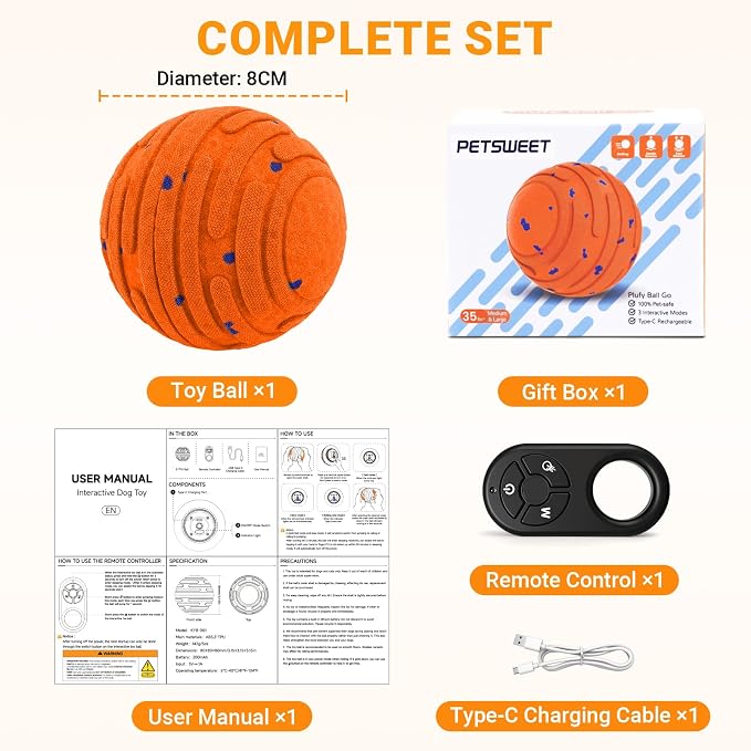Smart Interactive Dog Toy with Remote Control, E-TPU Toy Ball for Aggressive Chewers, Automatic Moving, IPX6 Waterproof, Rechargeable Rolling Ball for Small/Medium/Large Dogs, ORG&BLU