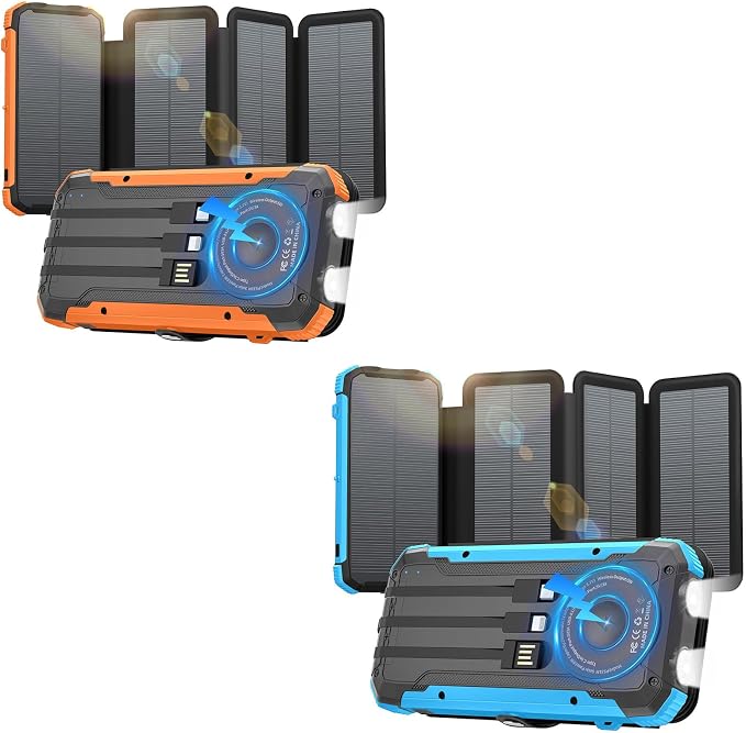 Solar Power Bank 20000mAh Portable Charger Built-in 3 Cables and Wireless Charging Battery Pack Compatible for iPhone, iPad, Bright 2 LED Flashlight Perfect for Camping (Orange and Blue)