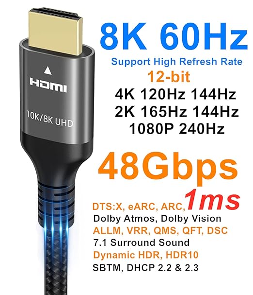 Ubluker 10K 8K 4K HDMI Cable 48Gbps 25 FT, Certified Ultra High Speed HDMI® Cable 4K 240Hz 144Hz 120Hz 8K60Hz 0.01ms HDR10+ eARC HDCP2.3 Netflix Roku TV PC Monitor Projector PS5 Xbox